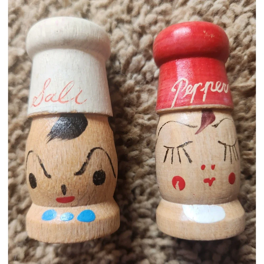 Vintage Wooden Chef Salt and Pepper Shakers Set Hand Painted Made in Japan 2.75